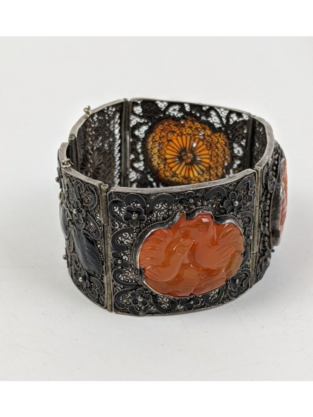 Vintage Chinese Silver Filigree Carnelian Bracelet w/ Enamel Work
